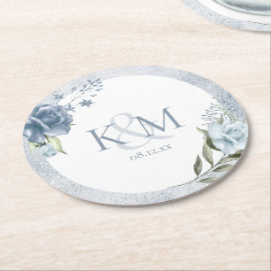 Porta-copo De Papel Redondo Iniciais de Casamento com Sparkle Floral Dusty Blu