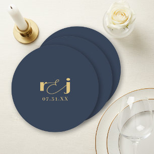Porta-copo De Papel Redondo Iniciais de Casamento Elegantes Azul Marinho Doura