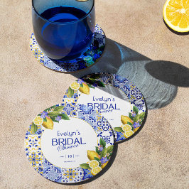 Porta-copo De Papel Redondo Italian Mosaic Blue Tile Lemons Bridal Shower