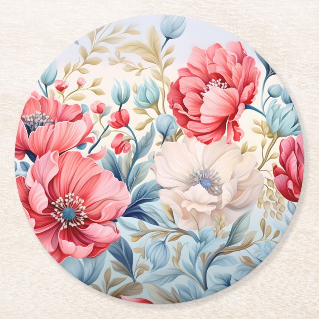 Porta-copo De Papel Redondo Jardim Botânico de Flores Românticas Elegantes (Frente)
