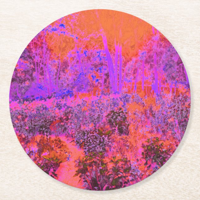 Porta-copo De Papel Redondo Jardim Impressionista Laranja Trippy Magenta (Frente)