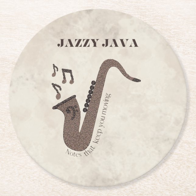 Porta-copo De Papel Redondo Jazzy Java-Grãos de Café-Saxofone- (Frente)