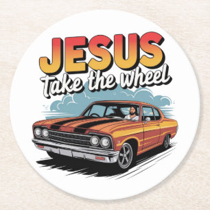 Porta-copo De Papel Redondo Jesus Assume o Volante Carro Musculoso Vintage