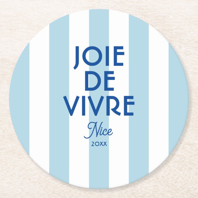 Porta-copo De Papel Redondo Joie De Vivre Nice Blue Cabana Stripe Francês (Frente)