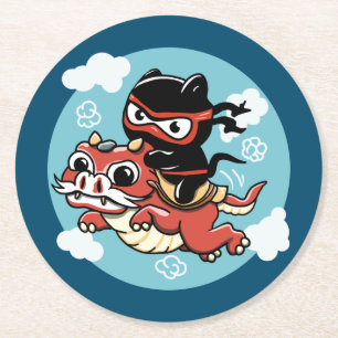 Porta-copo De Papel Redondo Kawaii Ninja Cat Andando um Dragão Vermelho