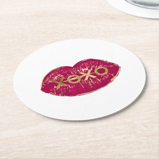 Porta-copo De Papel Redondo Kiss Red Lábios Dourado Glitter XOXO (Angulado)