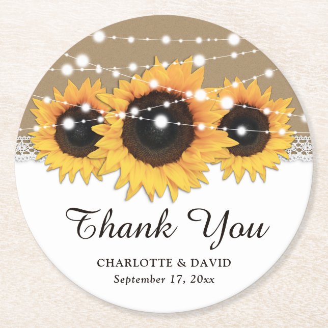 Porta-copo De Papel Redondo Kraft Paper Lace String Luzes De Girassol (Frente)