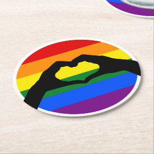 Porta-copo De Papel Redondo LGBT Orgulho gay Rainbow e Heart Hand Silhouette