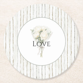 Porta-copo De Papel Redondo Listras Buquê Floral Rosa Branca Amor Casamento