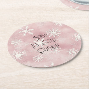 Porta-copo De Papel Redondo Listras Flocos de Neve de Natal Rosa Branco