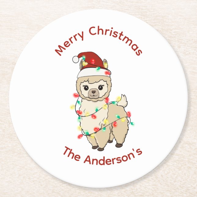 Porta-copo De Papel Redondo Llama com Luzes Feliz Natal Feriados (Frente)