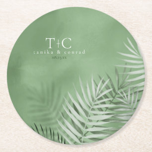 Porta-copo De Papel Redondo Lush Palm Leaf Wedding Moss Green ID956