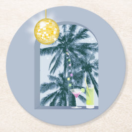 Porta-copo De Papel Redondo Luzes do Partido Cocktails Palmas de Disco em Azul