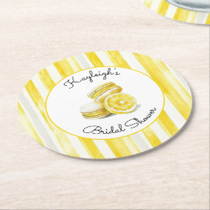 Porta-copo De Papel Redondo Macarons com Listras Amarelo Limão Chá de Noiva