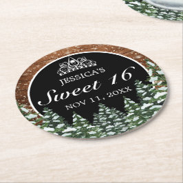 Porta-copo De Papel Redondo Madeira Negra e Floresta Pine Tiara Sweet 16