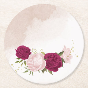 Porta-copo De Papel Redondo magenta e flores cor-de-rosa folhagem casamento 