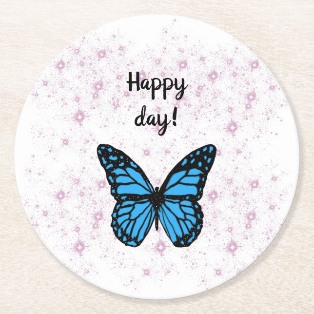 Porta-copo De Papel Redondo Magical blue butterfly pink glitter art (Frente)