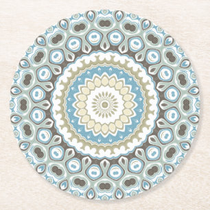Porta-copo De Papel Redondo Mandala Costeira em Tons de Areia, Azul e Madeira