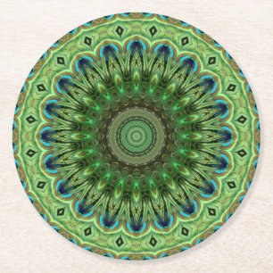 Porta-copo De Papel Redondo Mandala de Pena de Pavão Esmeralda e Azul Simetria