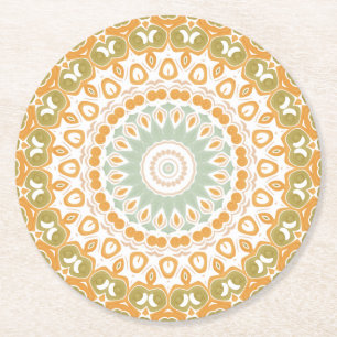 Porta-copo De Papel Redondo Mandala Retro Sunrise em Laranja, Verde e Marrom