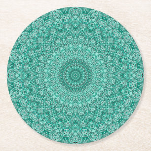 Porta-copo De Papel Redondo Mandala Turquesa com Simetria Intrincada