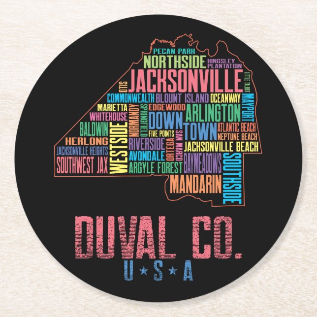 Porta-copo De Papel Redondo Mapa de Jacksonville Duval County Florida USA (Frente)