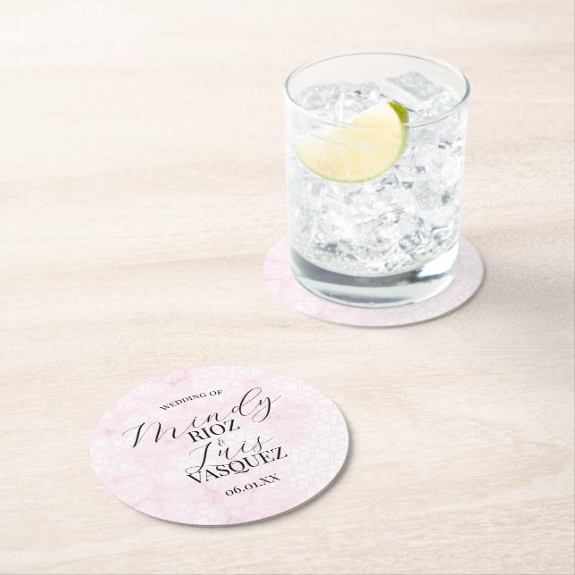 Porta-copo De Papel Redondo Marble Abstract Pink Wedding Script Black  (Insitu)