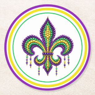 Porta-copo De Papel Redondo Mardi Gras fleur de lis, verde-púrpura