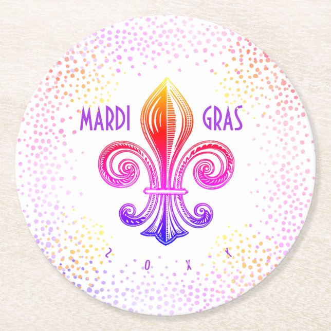 Porta-copo De Papel Redondo Mardi Gras Rainbow Fleur De Lis com Confetti (Frente)
