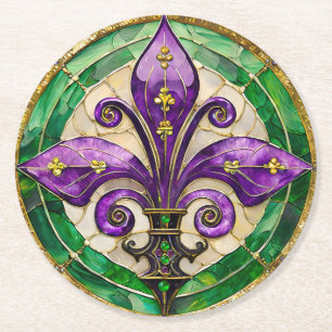 Porta-copo De Papel Redondo Mardi Gras StainGlass Fleur de lis
