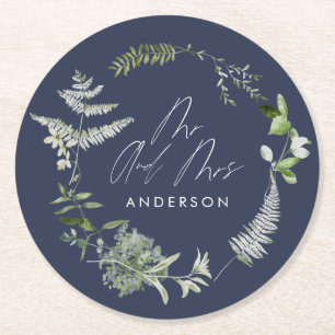 Porta-copo De Papel Redondo Marinho azul elegante script botânico moderno casa