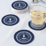 Porta-copo De Papel Redondo Marinho Blue Rope & Anchor Boat Name<br><div class="desc">Adicione um toque personalizado legal ao seu barco de pesca, veleiro, iate ou barco doméstico com estas portas copos personalizadas. Design náutico clássico em azul e branco marinho apresenta o nome do barco e o crachá do logotipo da corda dentro a curvada do registro do navio com uma ilustração de...</div>