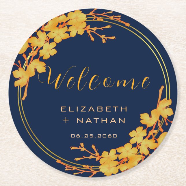 Porta-copo De Papel Redondo Marinho Floral Dourado Clássico Boas-vindas (Frente)