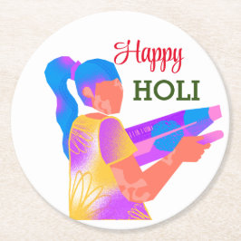 Porta-copo De Papel Redondo Menina tocando Holi Colorido