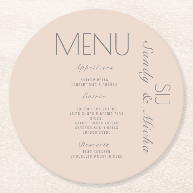 Porta-copo De Papel Redondo Menu Janto de Casamento de Cinzas Rosa Simples (Frente)