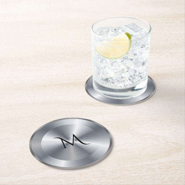 Porta-copo De Papel Redondo Metallic silver texture personalized monogram (Insitu)
