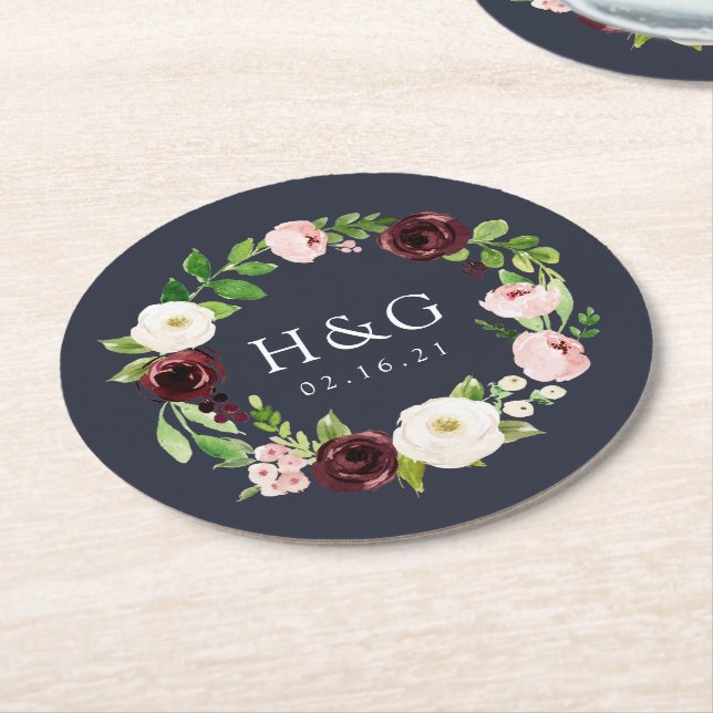 Porta-copo De Papel Redondo Mídia Romance Casamento Monograma e Data (Angulado)