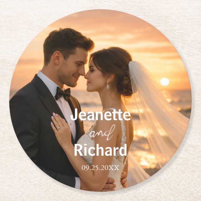 Porta-copo De Papel Redondo Minimalist Sunset Beach Romantic Wedding Vows  (Frente)