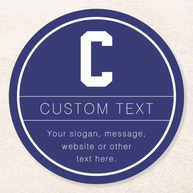 Porta-copo De Papel Redondo Modelo de Nome e Monograma Únicos | Azul-Marinho (Frente)
