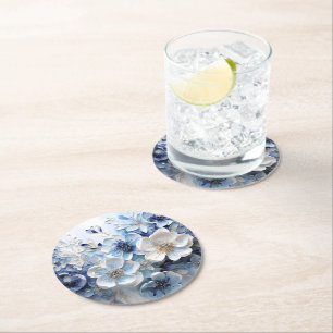 Porta-copo De Papel Redondo Moderno Botânico Floral Azul Branco Elegante