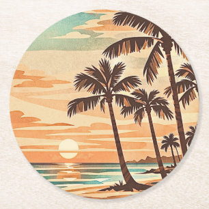 Porta-copo De Papel Redondo moderno de meados do século praia Havaí pôr do sol