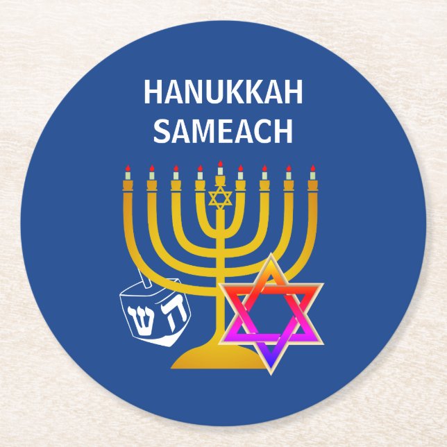 Porta-copo De Papel Redondo Moderno HANUKKAH SAMEACH  (Frente)