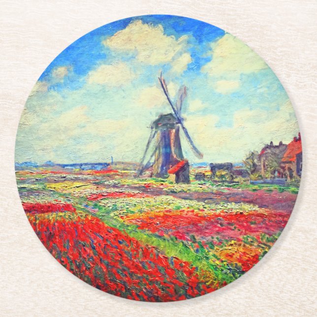 Porta-copo De Papel Redondo Monet Tulips Windmill (Frente)