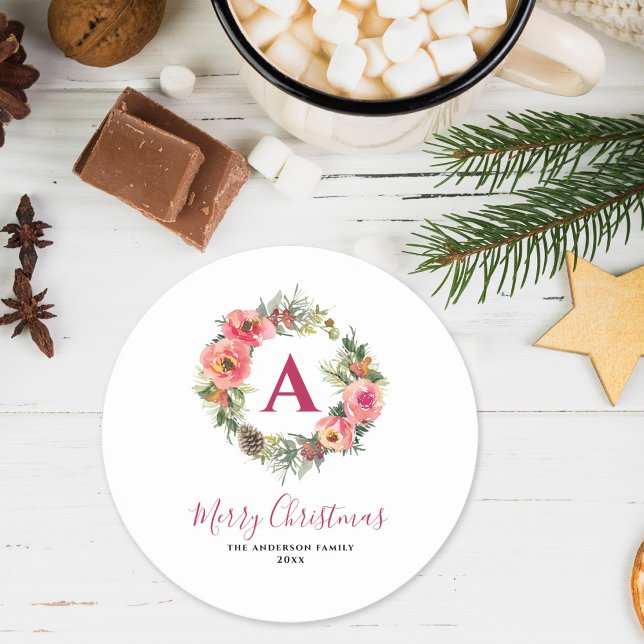 Porta-copo De Papel Redondo Monogram Red Greenery Pink Wreath Christmas  (Criador carregado)