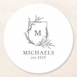 Porta-copo De Papel Redondo Monograma clássico Papel redondo preto e branco