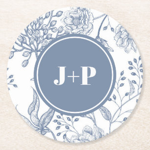 Porta-copo De Papel Redondo Monograma de casamento azul floral vinca