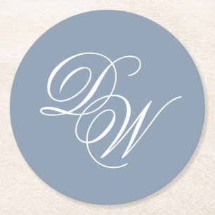 Porta-copo De Papel Redondo Monograma de Casamento Azul Poeira Escrito Elegant