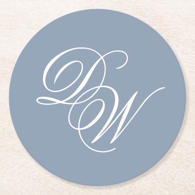 Porta-copo De Papel Redondo Monograma de Casamento Azul Poeira Escrito Elegant (Frente)