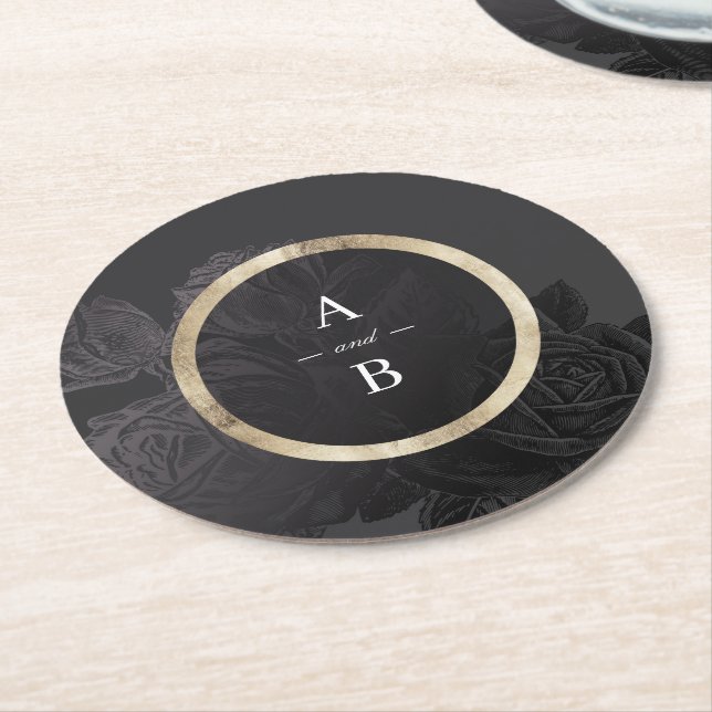 Porta-copo De Papel Redondo Monograma de casamento botânico preto-rosa de-luxo (Angulado)