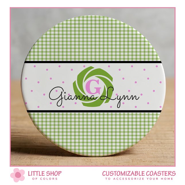 Porta-copo De Papel Redondo Monograma de Gingham Verde (Criador carregado)